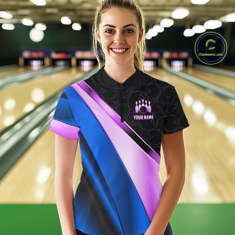 Custom Blue And Purple Bowling Shirts For Women, Bowling League Team Jersey Bowling Tournament Shirt TDM7596