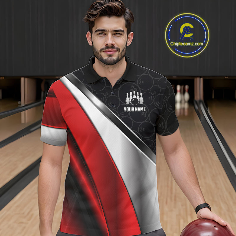 Custom Black, Red And Silver Bowling Shirt For Men, Bowling League Jersey Bowling Tournament Shirt TDM7597