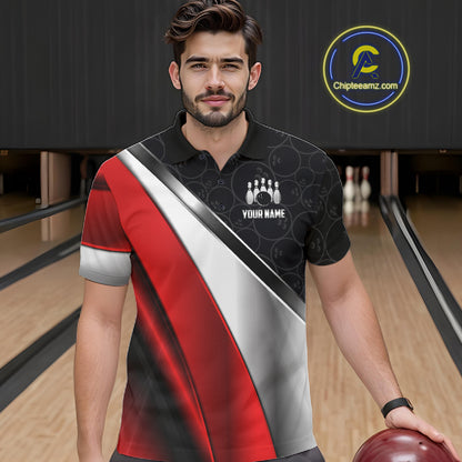 Custom Black, Red And Silver Bowling Shirt For Men, Bowling League Jersey Bowling Tournament Shirt TDM7597