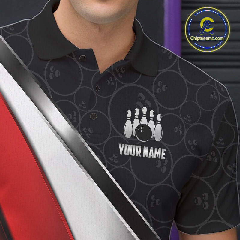 Custom Black, Red And Silver Bowling Shirt For Men, Bowling League Jersey Bowling Tournament Shirt TDM7597