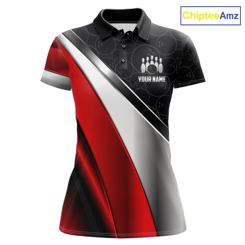 Custom Black, Red And Silver Bowling Shirt For Women, Bowling League Jersey Bowling Tournament Shirt TDM7597