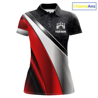 Custom Black, Red And Silver Bowling Shirt For Women, Bowling League Jersey Bowling Tournament Shirt TDM7597