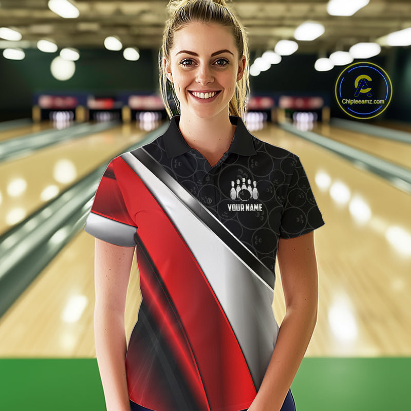 Custom Black, Red And Silver Bowling Shirt For Women, Bowling League Jersey Bowling Tournament Shirt TDM7597