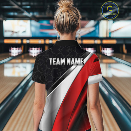 Custom Black, Red And Silver Bowling Shirt For Women, Bowling League Jersey Bowling Tournament Shirt TDM7597