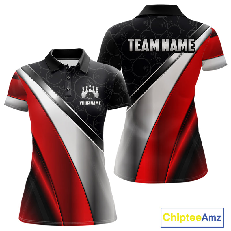 Custom Black, Red And Silver Bowling Shirt For Women, Bowling League Jersey Bowling Tournament Shirt TDM7597