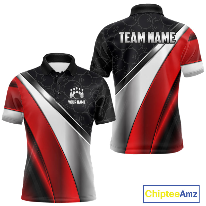 Custom Black, Red And Silver Bowling Shirt For Men, Bowling League Jersey Bowling Tournament Shirt TDM7597