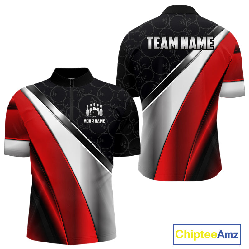 Custom Black, Red And Silver Bowling Shirt For Men, Bowling League Jersey Bowling Tournament Shirt TDM7597