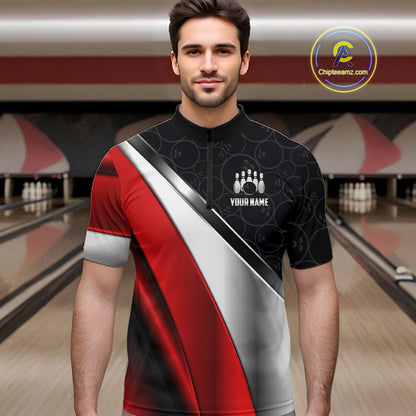 Custom Black, Red And Silver Bowling Shirt For Men, Bowling League Jersey Bowling Tournament Shirt TDM7597