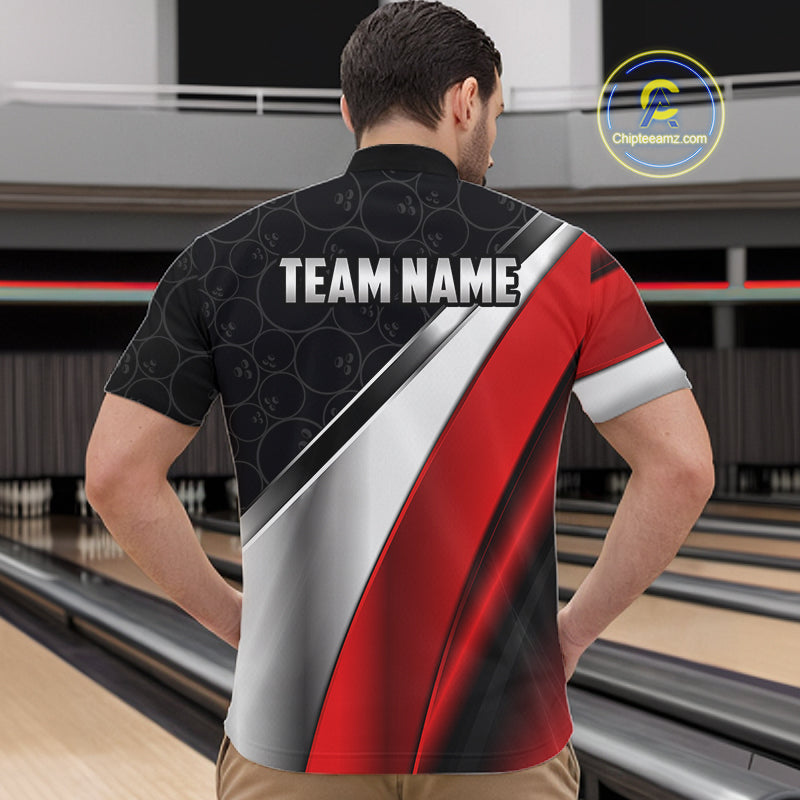 Custom Black, Red And Silver Bowling Shirt For Men, Bowling League Jersey Bowling Tournament Shirt TDM7597