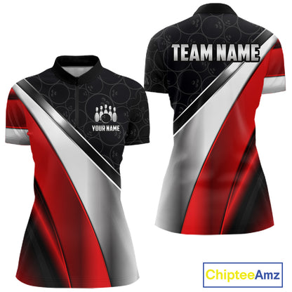 Custom Black, Red And Silver Bowling Shirt For Women, Bowling League Jersey Bowling Tournament Shirt TDM7597