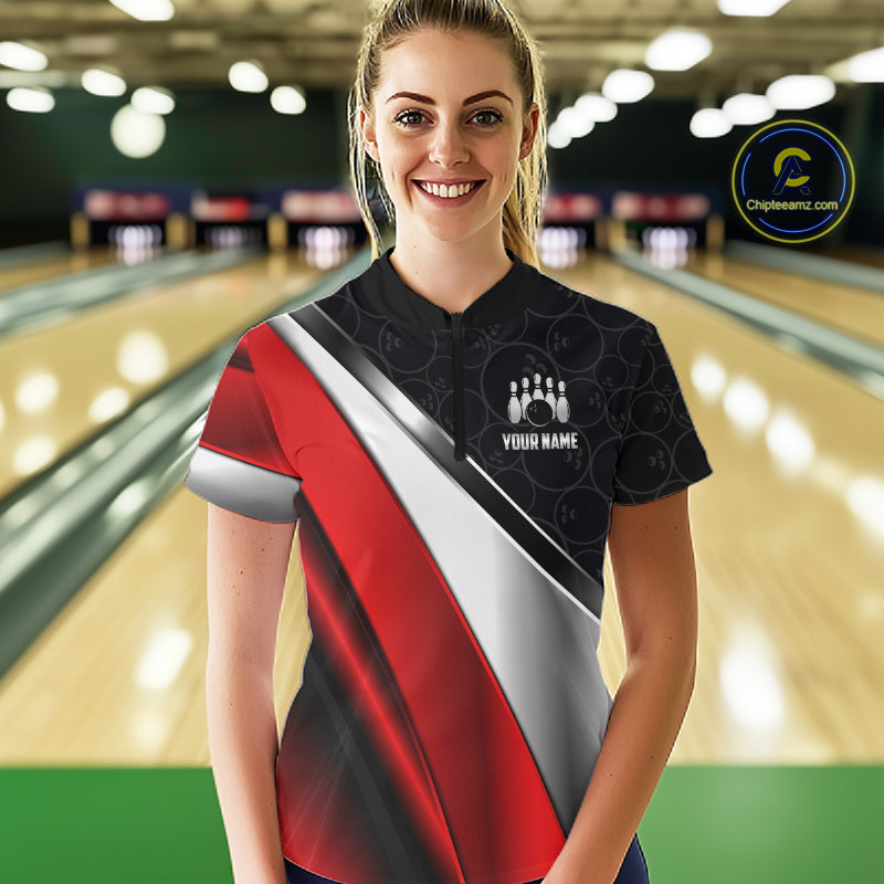 Custom Black, Red And Silver Bowling Shirt For Women, Bowling League Jersey Bowling Tournament Shirt TDM7597