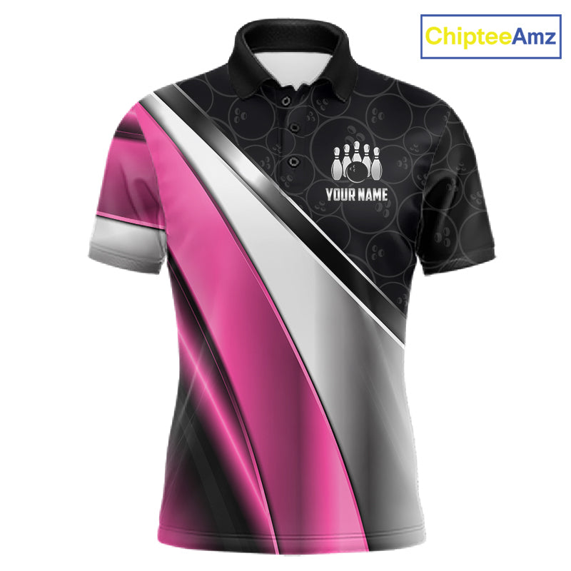 Custom Pink, Black And Silver Bowling Shirt For Men Bowling League Jersey Bowling Tournament Shirt TDM7598