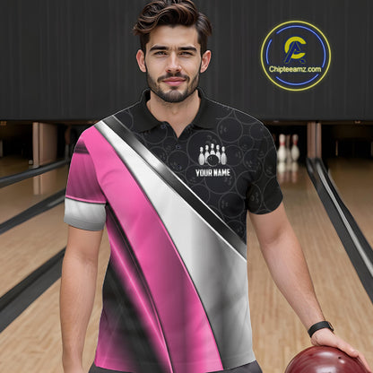 Custom Pink, Black And Silver Bowling Shirt For Men Bowling League Jersey Bowling Tournament Shirt TDM7598
