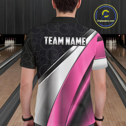 Custom Pink, Black And Silver Bowling Shirt For Men Bowling League Jersey Bowling Tournament Shirt TDM7598