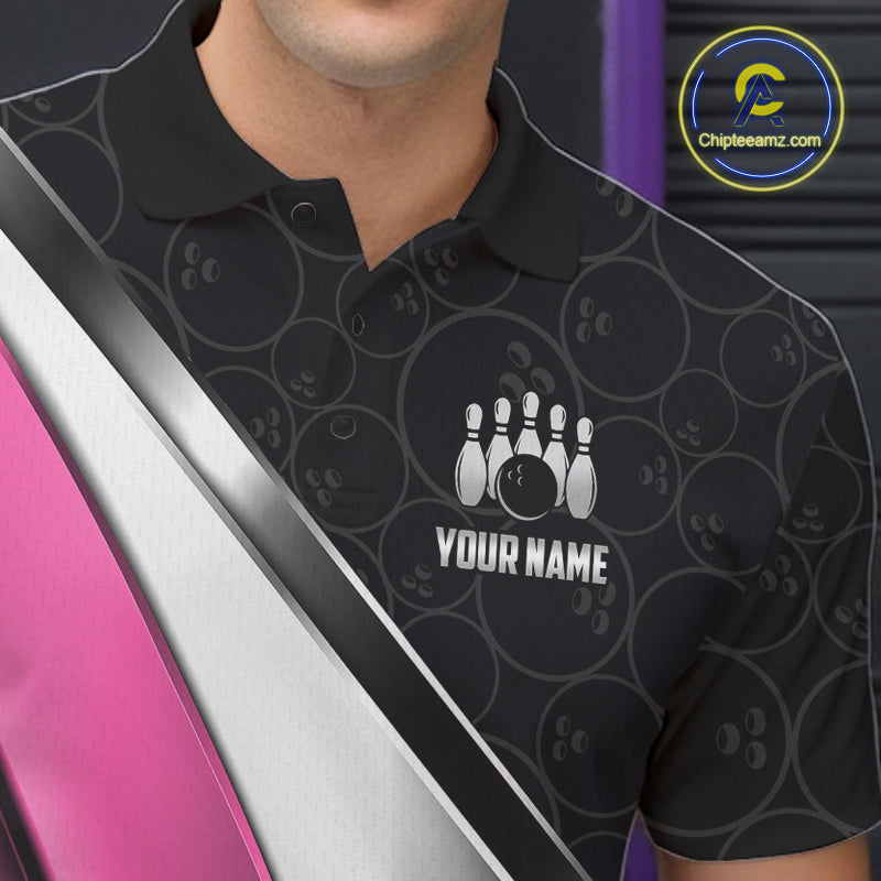 Custom Pink, Black And Silver Bowling Shirt For Men Bowling League Jersey Bowling Tournament Shirt TDM7598