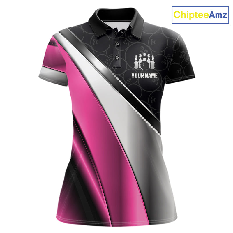 Custom Pink, Black And Silver Bowling Shirt For Women Bowling League Jersey Bowling Tournament Shirt TDM7598