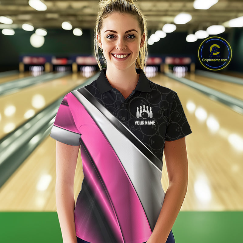 Custom Pink, Black And Silver Bowling Shirt For Women Bowling League Jersey Bowling Tournament Shirt TDM7598