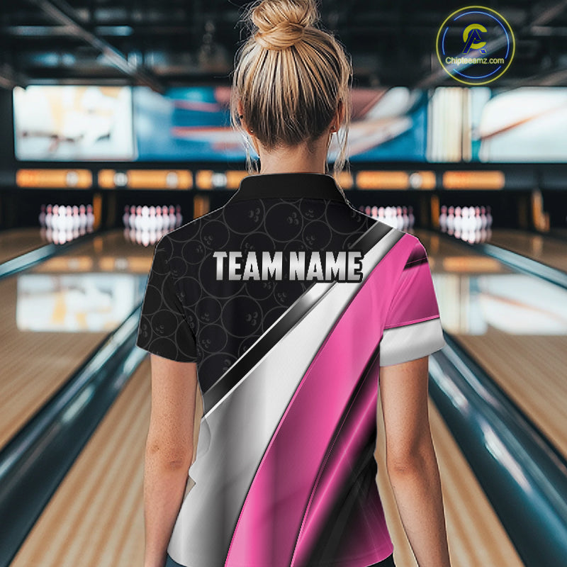 Custom Pink, Black And Silver Bowling Shirt For Women Bowling League Jersey Bowling Tournament Shirt TDM7598