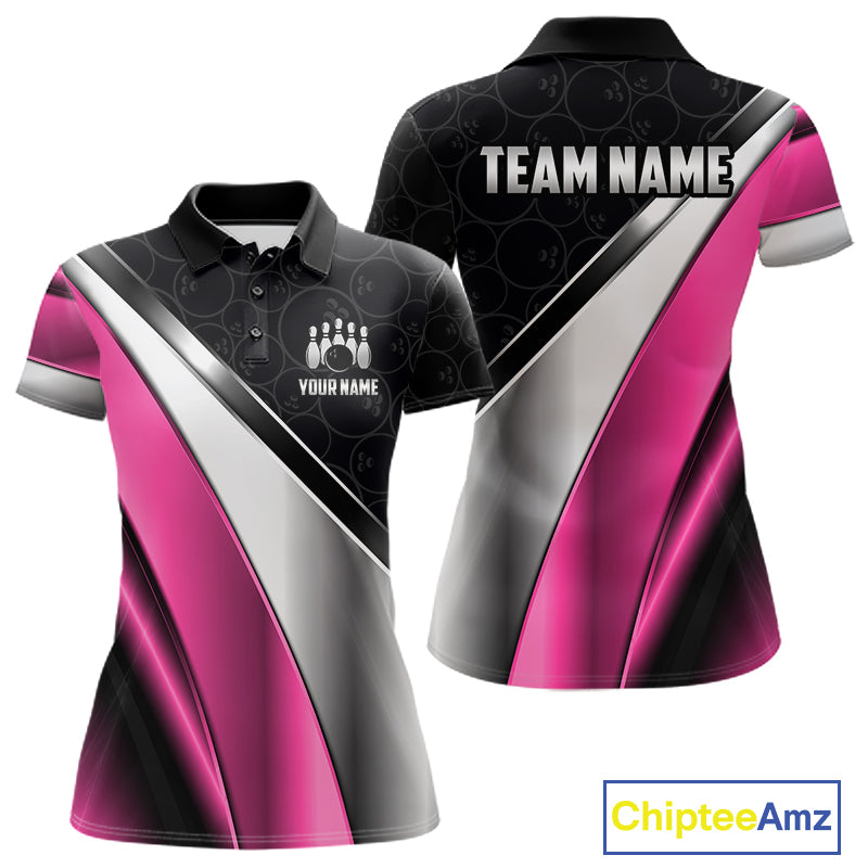 Custom Pink, Black And Silver Bowling Shirt For Women Bowling League Jersey Bowling Tournament Shirt TDM7598