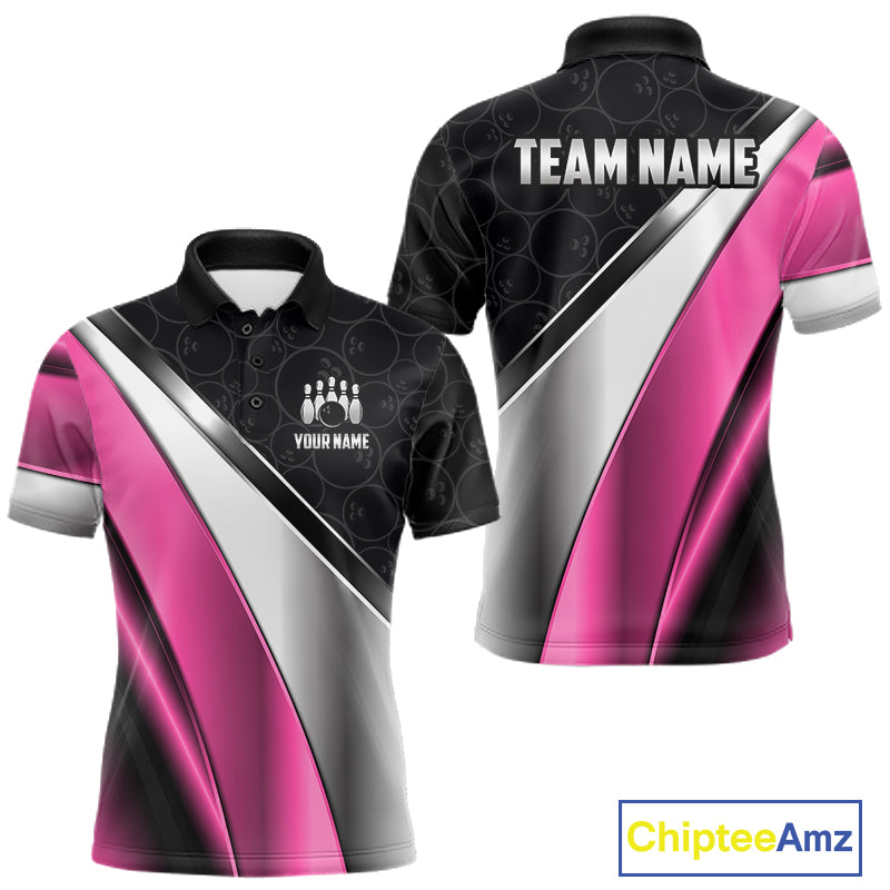 Custom Pink, Black And Silver Bowling Shirt For Men Bowling League Jersey Bowling Tournament Shirt TDM7598