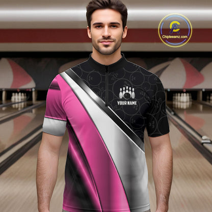 Custom Pink, Black And Silver Bowling Shirt For Men Bowling League Jersey Bowling Tournament Shirt TDM7598