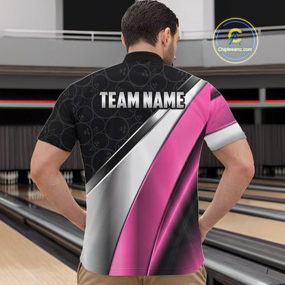 Custom Pink, Black And Silver Bowling Shirt For Men Bowling League Jersey Bowling Tournament Shirt TDM7598