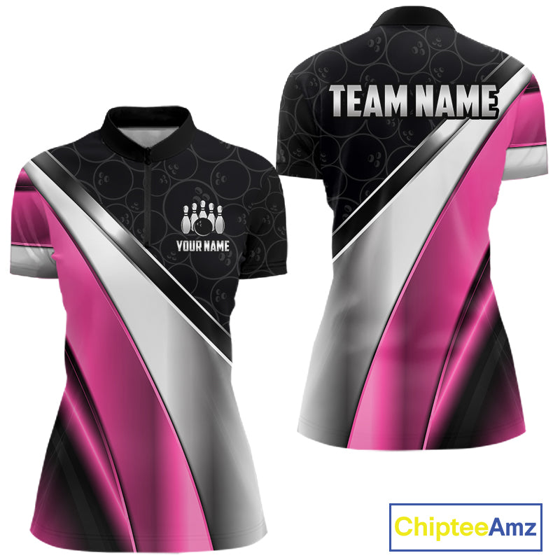 Custom Pink, Black And Silver Bowling Shirt For Women Bowling League Jersey Bowling Tournament Shirt TDM7598