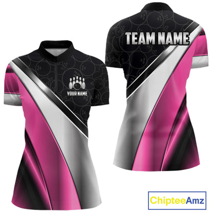 Custom Pink, Black And Silver Bowling Shirt For Women Bowling League Jersey Bowling Tournament Shirt TDM7598