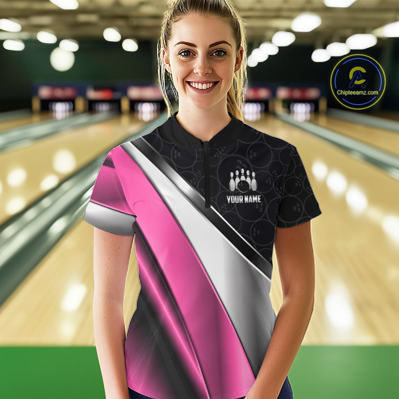 Custom Pink, Black And Silver Bowling Shirt For Women Bowling League Jersey Bowling Tournament Shirt TDM7598