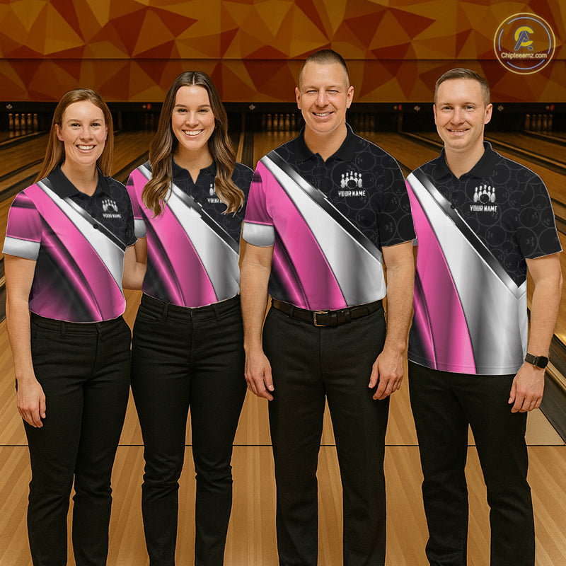 Custom Pink, Black And Silver Bowling Shirt For Men Bowling League Jersey Bowling Tournament Shirt TDM7598
