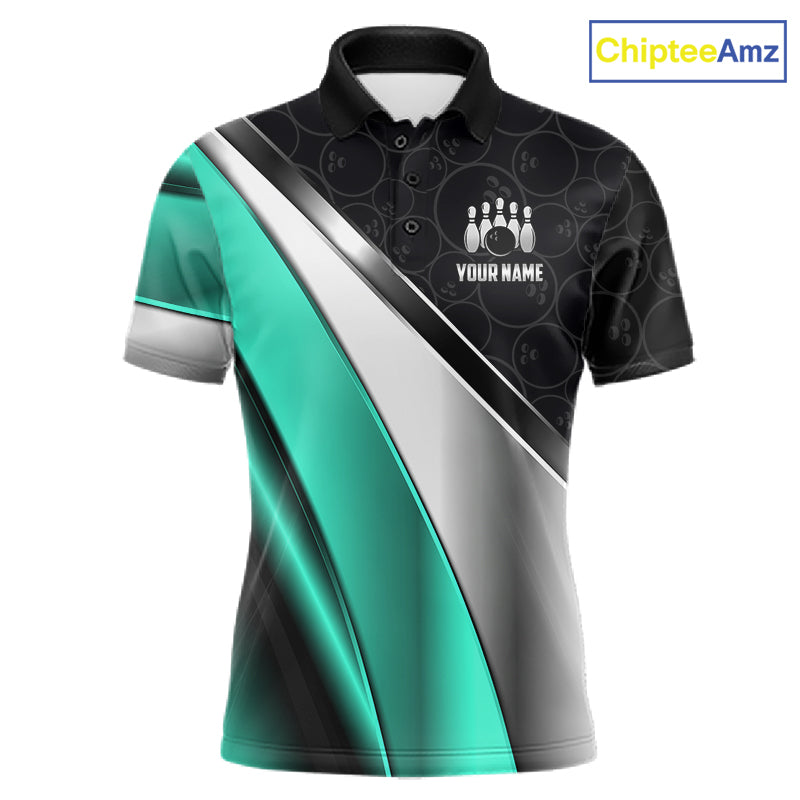 Custom Black, Teal And Silver Bowling Shirt For Men Bowling League Jersey Bowling Tournament Shirt TDM7599