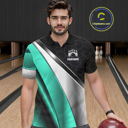 Custom Black, Teal And Silver Bowling Shirt For Men Bowling League Jersey Bowling Tournament Shirt TDM7599
