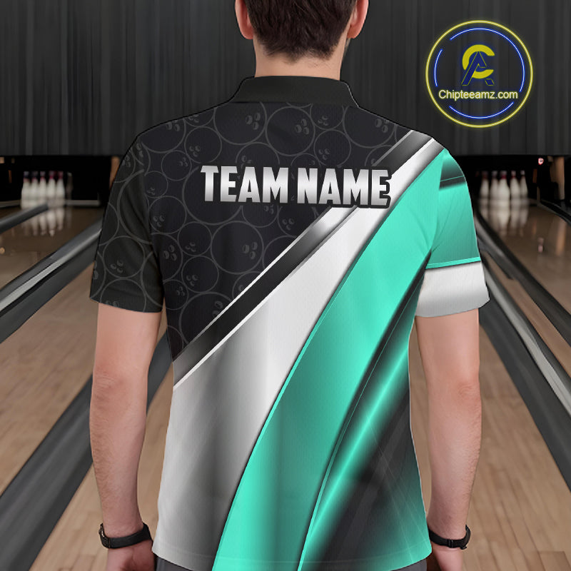 Custom Black, Teal And Silver Bowling Shirt For Men Bowling League Jersey Bowling Tournament Shirt TDM7599