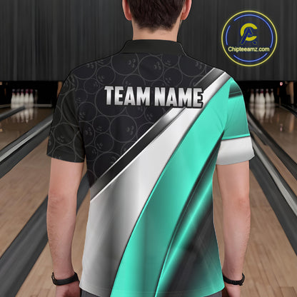 Custom Black, Teal And Silver Bowling Shirt For Men Bowling League Jersey Bowling Tournament Shirt TDM7599