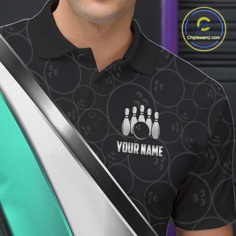 Custom Black, Teal And Silver Bowling Shirt For Men Bowling League Jersey Bowling Tournament Shirt TDM7599