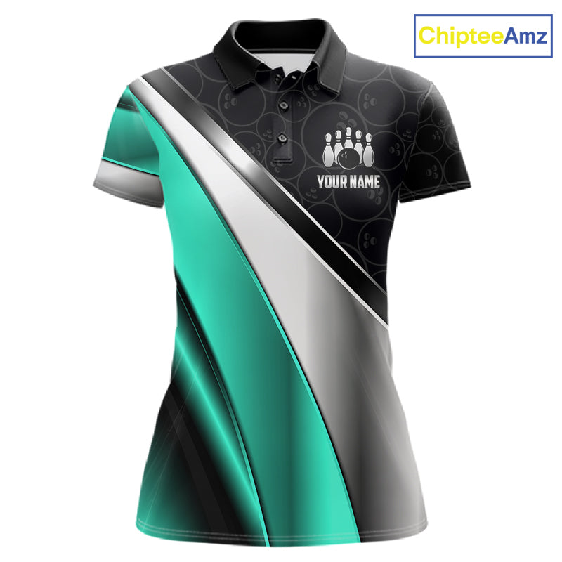 Custom Black, Teal And Silver Bowling Shirt For Women Bowling League Jersey Bowling Tournament Shirt TDM7599