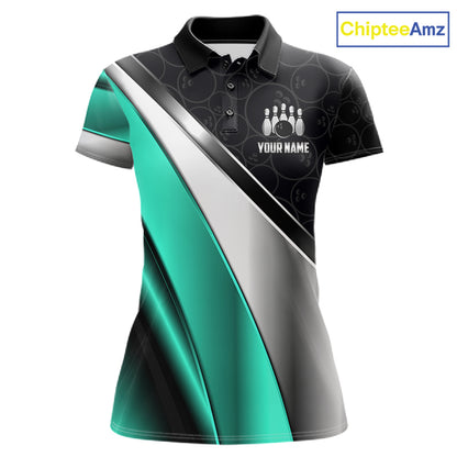 Custom Black, Teal And Silver Bowling Shirt For Women Bowling League Jersey Bowling Tournament Shirt TDM7599