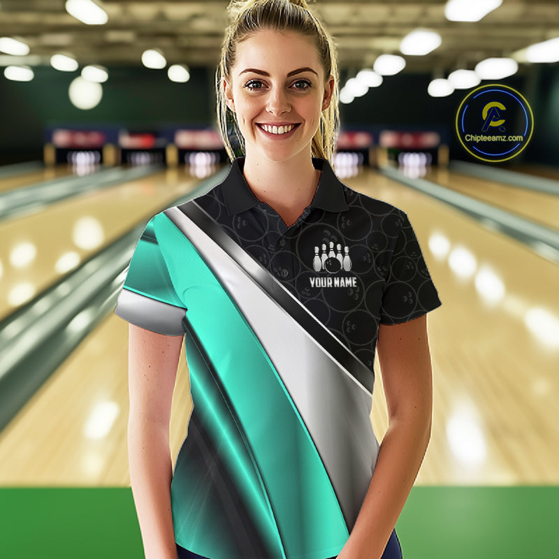 Custom Black, Teal And Silver Bowling Shirt For Women Bowling League Jersey Bowling Tournament Shirt TDM7599
