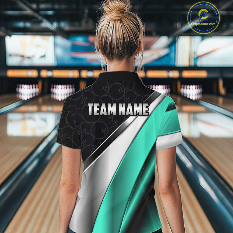 Custom Black, Teal And Silver Bowling Shirt For Women Bowling League Jersey Bowling Tournament Shirt TDM7599