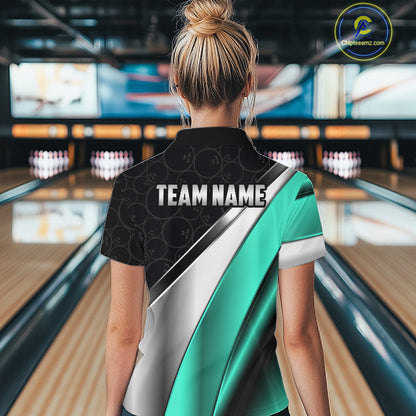 Custom Black, Teal And Silver Bowling Shirt For Women Bowling League Jersey Bowling Tournament Shirt TDM7599