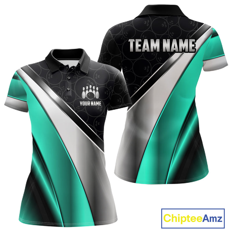 Custom Black, Teal And Silver Bowling Shirt For Women Bowling League Jersey Bowling Tournament Shirt TDM7599