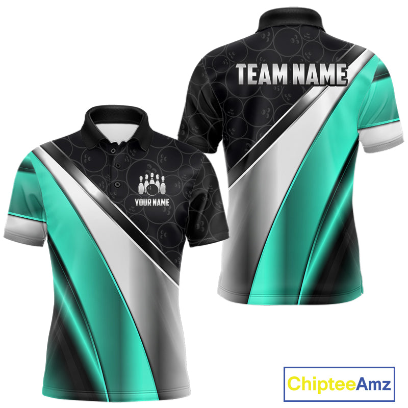 Custom Black, Teal And Silver Bowling Shirt For Men Bowling League Jersey Bowling Tournament Shirt TDM7599