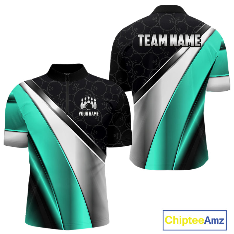 Custom Black, Teal And Silver Bowling Shirt For Men Bowling League Jersey Bowling Tournament Shirt TDM7599