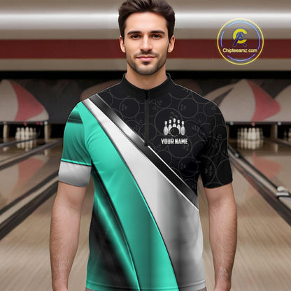 Custom Black, Teal And Silver Bowling Shirt For Men Bowling League Jersey Bowling Tournament Shirt TDM7599