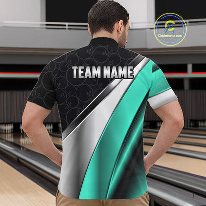 Custom Black, Teal And Silver Bowling Shirt For Men Bowling League Jersey Bowling Tournament Shirt TDM7599