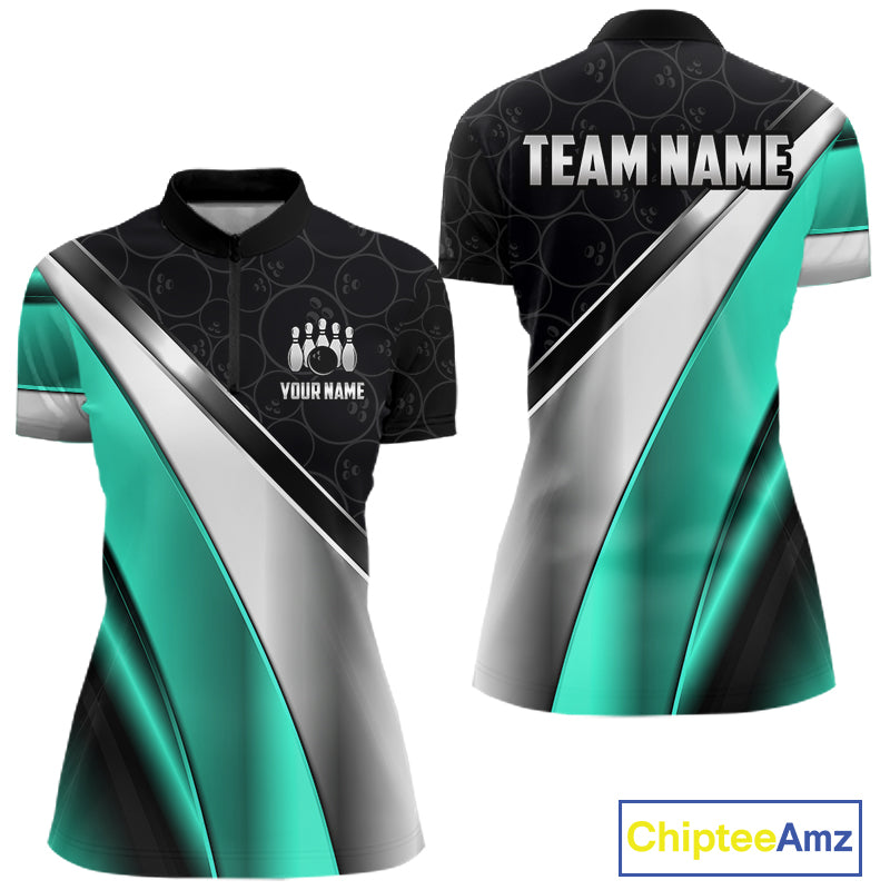 Custom Black, Teal And Silver Bowling Shirt For Women Bowling League Jersey Bowling Tournament Shirt TDM7599
