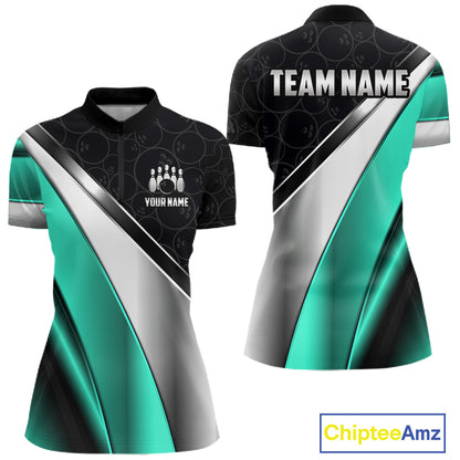 Custom Black, Teal And Silver Bowling Shirt For Women Bowling League Jersey Bowling Tournament Shirt TDM7599