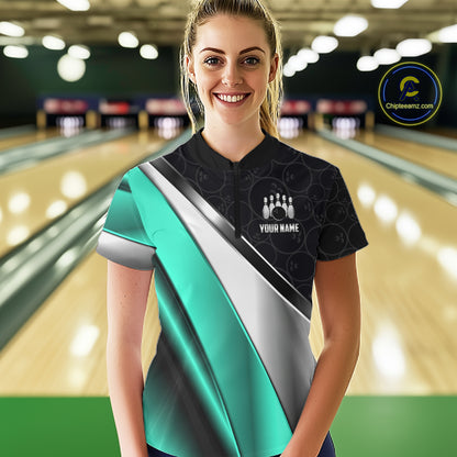 Custom Black, Teal And Silver Bowling Shirt For Women Bowling League Jersey Bowling Tournament Shirt TDM7599