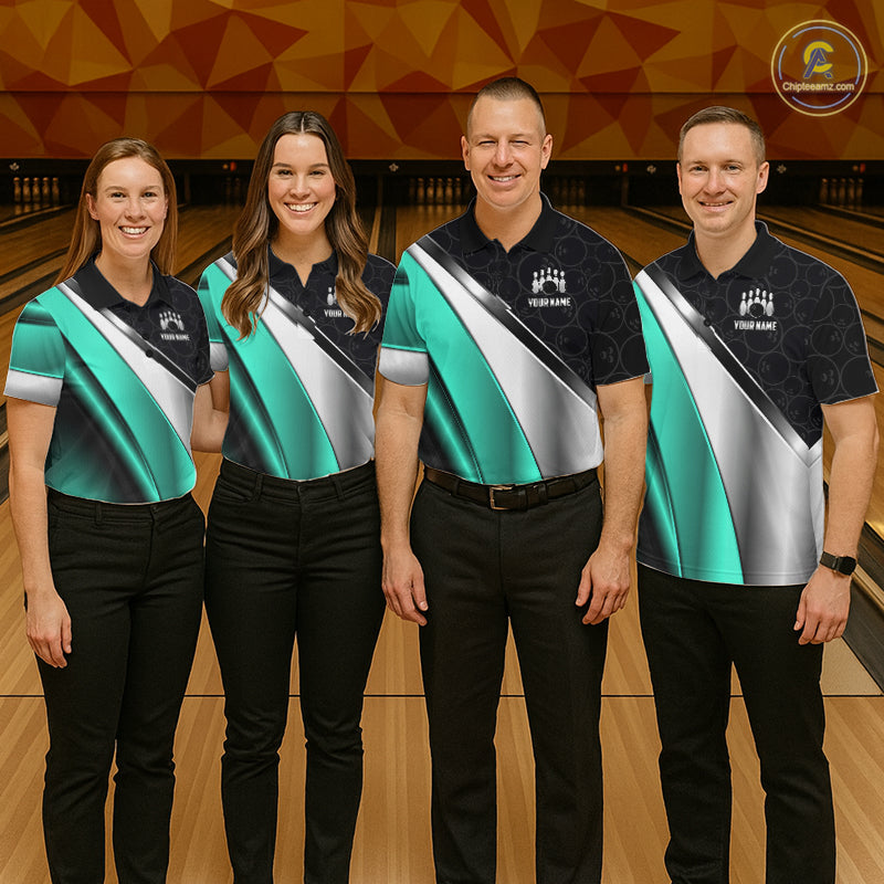 Custom Black, Teal And Silver Bowling Shirt For Men Bowling League Jersey Bowling Tournament Shirt TDM7599