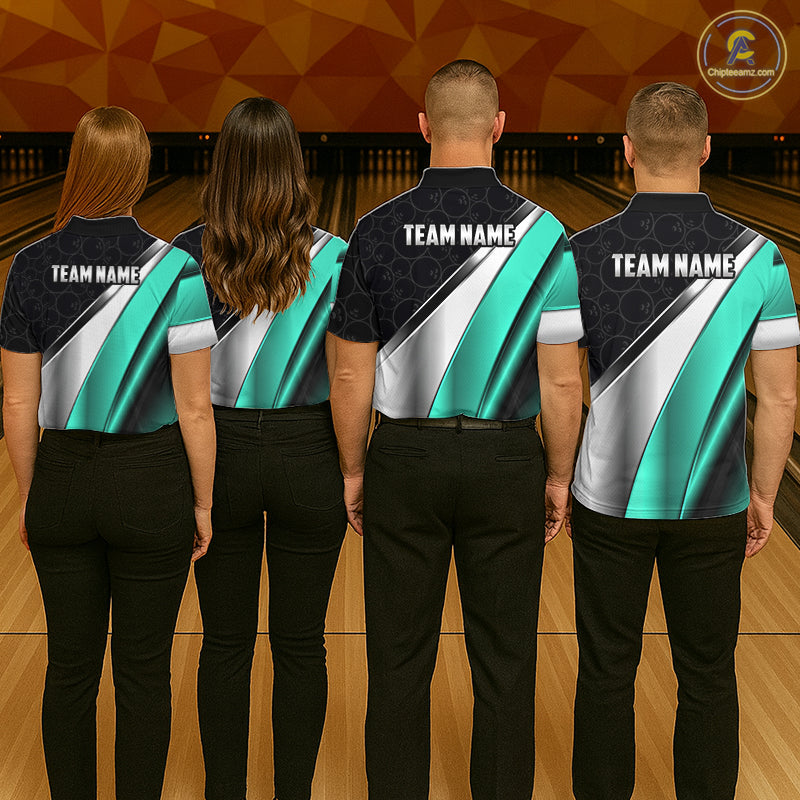 Custom Black, Teal And Silver Bowling Shirt For Men Bowling League Jersey Bowling Tournament Shirt TDM7599